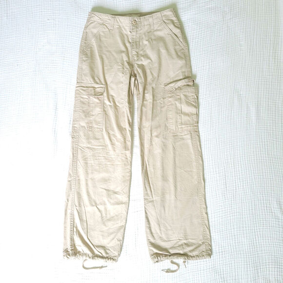 Levis Womens 28 '94 Baggy Wide Leg Khaki Cargo Pants Drawstring Hem - Picture 1 of 6